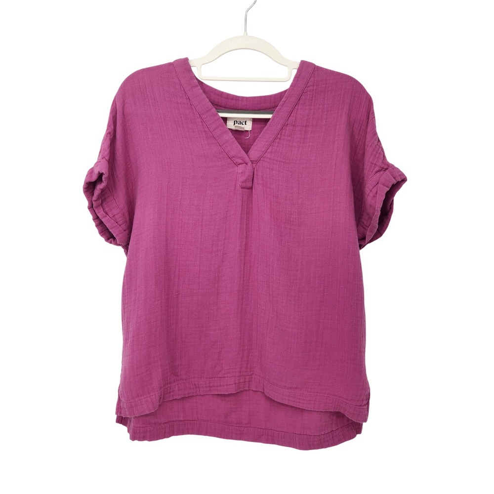 Pact Magenta Organic Cotton Slub V-Neck Cuffed Short Sleeve Top XS/S